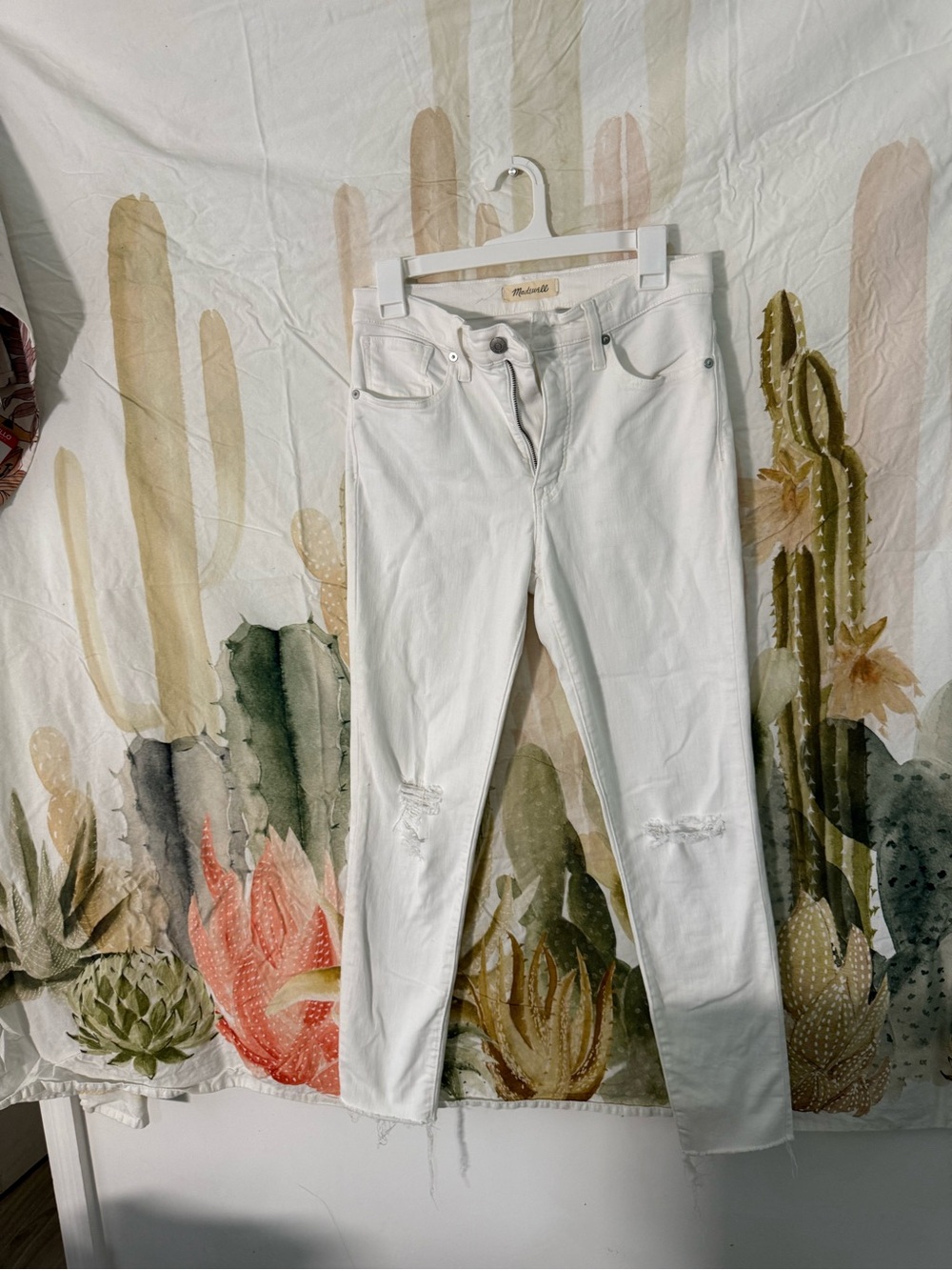 Madewell White Skinny Jeans with Knee Distress